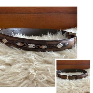 Brown Leather Western Belt with Stitching and Silver Buckle
